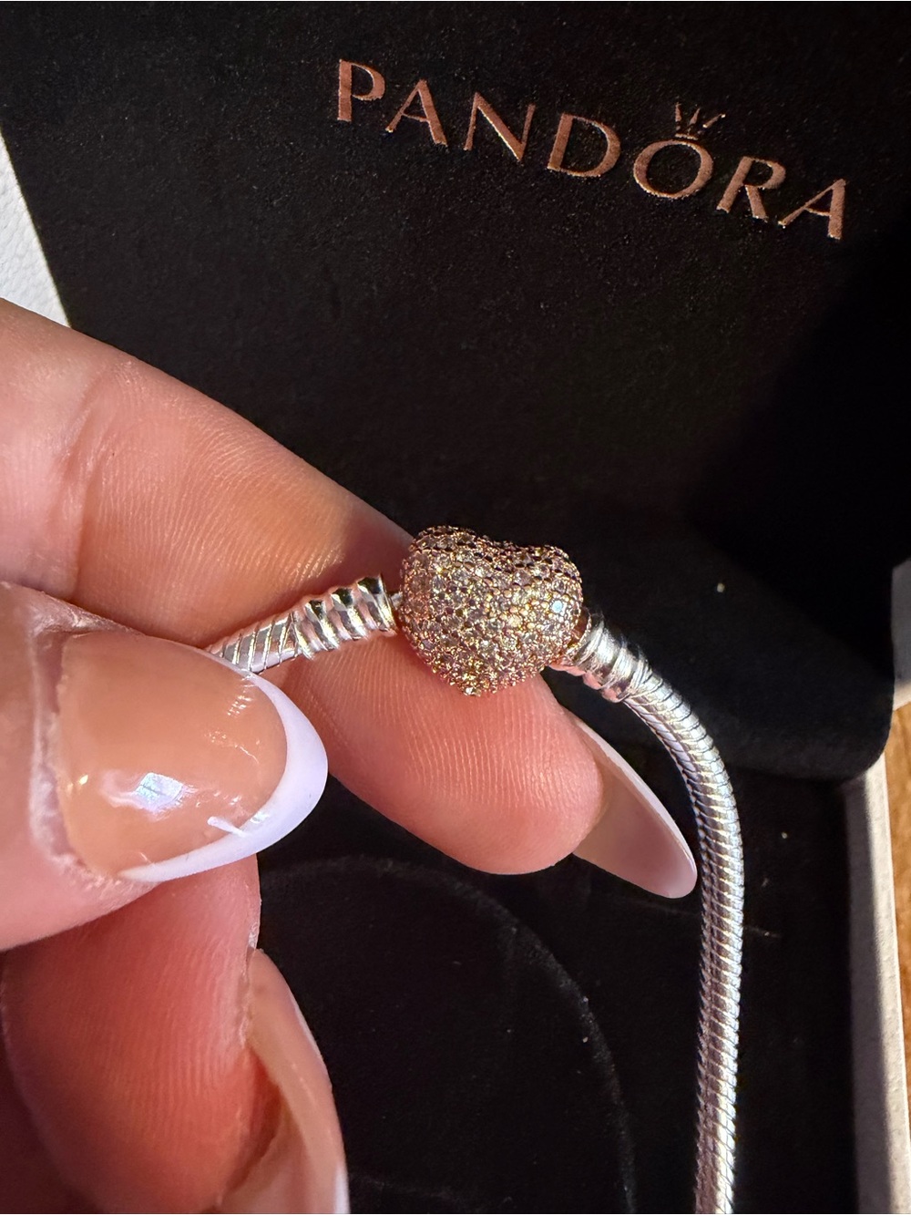 Pandora Moments Rose Gold Pave Heart Clasp Snake Bracelet